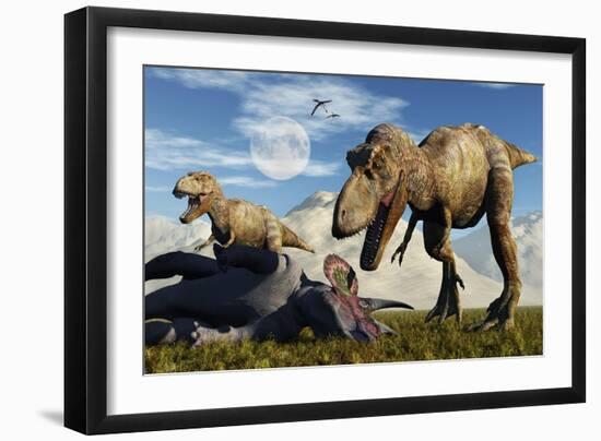 A Pair of Tyrannosaurus Rex Dinosaurs Ready to Make a Meal of a Dead Triceratops-Stocktrek Images-Framed Art Print