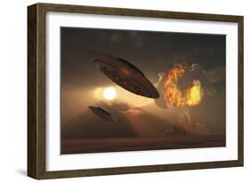 A Pair of Ufo's with a Nuclear Explosion in Background-Stocktrek Images-Framed Art Print