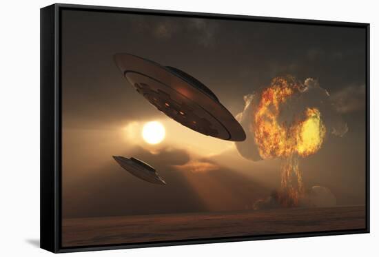 A Pair of Ufo's with a Nuclear Explosion in Background-Stocktrek Images-Framed Stretched Canvas