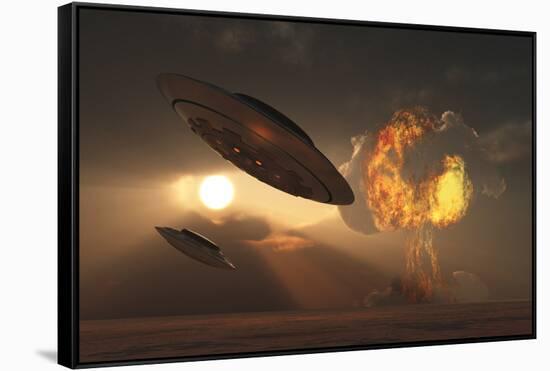 A Pair of Ufo's with a Nuclear Explosion in Background-Stocktrek Images-Framed Stretched Canvas