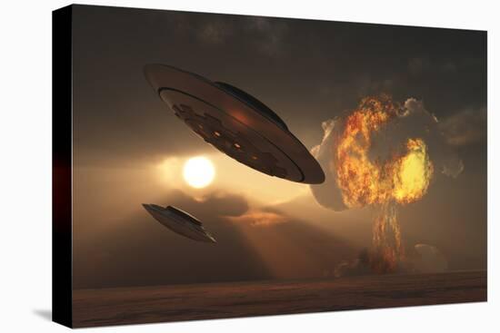 A Pair of Ufo's with a Nuclear Explosion in Background-Stocktrek Images-Stretched Canvas