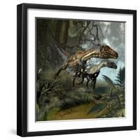 A Pair of Utahraptors Crossing a Stream-Stocktrek Images-Framed Art Print