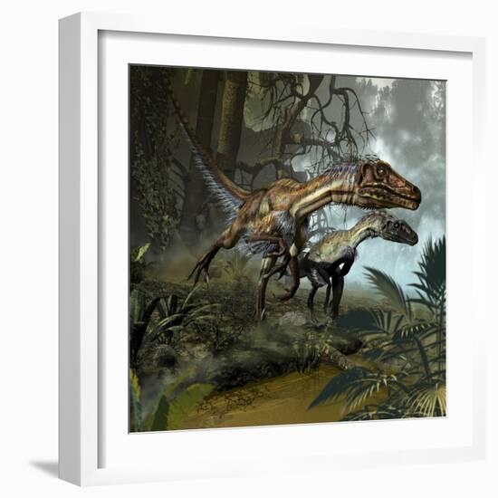 A Pair of Utahraptors Crossing a Stream-Stocktrek Images-Framed Art Print