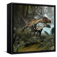 A Pair of Utahraptors Crossing a Stream-Stocktrek Images-Framed Stretched Canvas