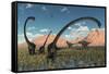 A Pair of Yangchuanosaurus Dinosaurs Confront a Family of Omeisaurus-null-Framed Stretched Canvas