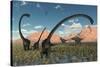 A Pair of Yangchuanosaurus Dinosaurs Confront a Family of Omeisaurus-null-Stretched Canvas