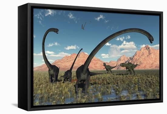 A Pair of Yangchuanosaurus Dinosaurs Confront a Family of Omeisaurus-null-Framed Stretched Canvas