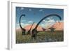 A Pair of Yangchuanosaurus Dinosaurs Confront a Family of Omeisaurus-null-Framed Art Print
