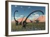 A Pair of Yangchuanosaurus Dinosaurs Confront a Family of Omeisaurus-null-Framed Art Print