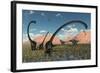 A Pair of Yangchuanosaurus Dinosaurs Confront a Family of Omeisaurus-null-Framed Art Print