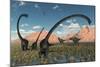 A Pair of Yangchuanosaurus Dinosaurs Confront a Family of Omeisaurus-null-Mounted Art Print