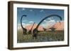 A Pair of Yangchuanosaurus Dinosaurs Confront a Family of Omeisaurus-null-Framed Premium Giclee Print