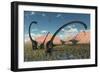 A Pair of Yangchuanosaurus Dinosaurs Confront a Family of Omeisaurus-null-Framed Premium Giclee Print