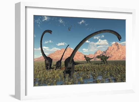 A Pair of Yangchuanosaurus Dinosaurs Confront a Family of Omeisaurus-null-Framed Premium Giclee Print