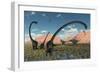 A Pair of Yangchuanosaurus Dinosaurs Confront a Family of Omeisaurus-null-Framed Premium Giclee Print