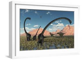 A Pair of Yangchuanosaurus Dinosaurs Confront a Family of Omeisaurus-null-Framed Premium Giclee Print