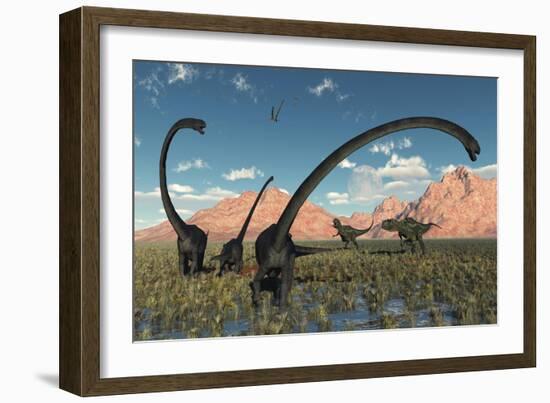 A Pair of Yangchuanosaurus Dinosaurs Confront a Family of Omeisaurus-null-Framed Art Print