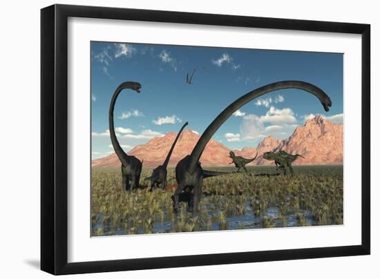 A Pair of Yangchuanosaurus Dinosaurs Confront a Family of Omeisaurus-null-Framed Art Print