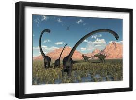 A Pair of Yangchuanosaurus Dinosaurs Confront a Family of Omeisaurus-null-Framed Art Print