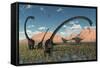 A Pair of Yangchuanosaurus Dinosaurs Confront a Family of Omeisaurus-null-Framed Stretched Canvas
