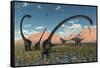 A Pair of Yangchuanosaurus Dinosaurs Confront a Family of Omeisaurus-null-Framed Stretched Canvas