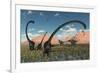 A Pair of Yangchuanosaurus Dinosaurs Confront a Family of Omeisaurus-null-Framed Art Print