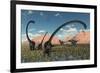 A Pair of Yangchuanosaurus Dinosaurs Confront a Family of Omeisaurus-null-Framed Art Print