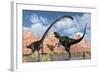 A Pair of Yangchuanosaurus Dinosaurs Confront an Omeisaurus-null-Framed Art Print