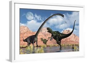 A Pair of Yangchuanosaurus Dinosaurs Confront an Omeisaurus-null-Framed Art Print