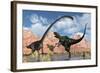 A Pair of Yangchuanosaurus Dinosaurs Confront an Omeisaurus-null-Framed Art Print