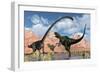 A Pair of Yangchuanosaurus Dinosaurs Confront an Omeisaurus-null-Framed Art Print