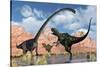 A Pair of Yangchuanosaurus Dinosaurs Confront an Omeisaurus-null-Stretched Canvas