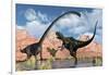 A Pair of Yangchuanosaurus Dinosaurs Confront an Omeisaurus-null-Framed Art Print