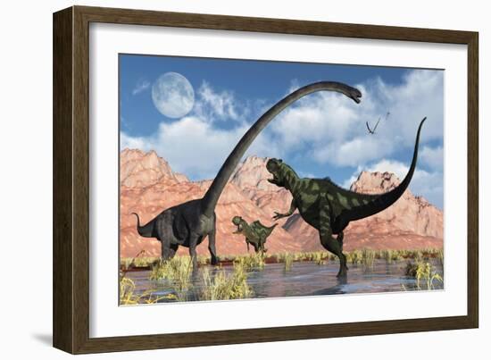 A Pair of Yangchuanosaurus Dinosaurs Confront an Omeisaurus-null-Framed Premium Giclee Print