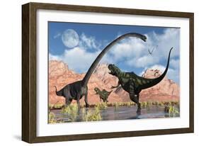 A Pair of Yangchuanosaurus Dinosaurs Confront an Omeisaurus-null-Framed Premium Giclee Print