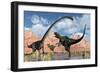 A Pair of Yangchuanosaurus Dinosaurs Confront an Omeisaurus-null-Framed Premium Giclee Print