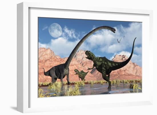 A Pair of Yangchuanosaurus Dinosaurs Confront an Omeisaurus-null-Framed Premium Giclee Print