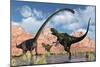 A Pair of Yangchuanosaurus Dinosaurs Confront an Omeisaurus-null-Mounted Premium Giclee Print