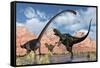 A Pair of Yangchuanosaurus Dinosaurs Confront an Omeisaurus-null-Framed Stretched Canvas