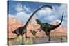 A Pair of Yangchuanosaurus Dinosaurs Confront an Omeisaurus-null-Stretched Canvas