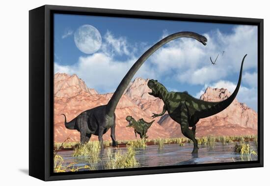 A Pair of Yangchuanosaurus Dinosaurs Confront an Omeisaurus-null-Framed Stretched Canvas