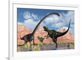 A Pair of Yangchuanosaurus Dinosaurs Confront an Omeisaurus-null-Framed Art Print