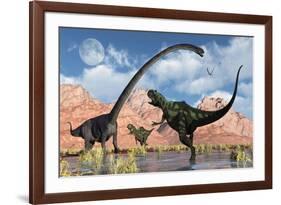 A Pair of Yangchuanosaurus Dinosaurs Confront an Omeisaurus-null-Framed Art Print