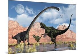 A Pair of Yangchuanosaurus Dinosaurs Confront an Omeisaurus-null-Mounted Art Print