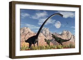 A Pair of Yangchuanosaurus Dinosaurs Confront an Omeisaurus-null-Framed Art Print