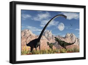 A Pair of Yangchuanosaurus Dinosaurs Confront an Omeisaurus-null-Framed Art Print