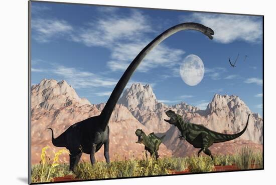 A Pair of Yangchuanosaurus Dinosaurs Confront an Omeisaurus-null-Mounted Art Print