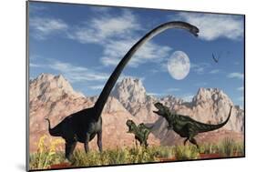 A Pair of Yangchuanosaurus Dinosaurs Confront an Omeisaurus-null-Mounted Art Print