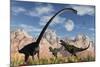 A Pair of Yangchuanosaurus Dinosaurs Confront an Omeisaurus-null-Mounted Art Print