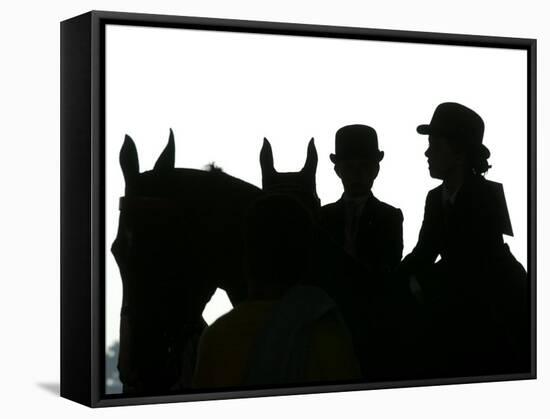 A Pair of Young Girls Wait with Their Horses-null-Framed Stretched Canvas